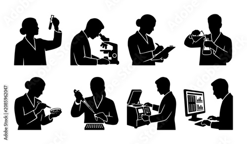 Bild auf Leinwand Science Lab Silhouettes: 8 Icons of Researchers, Chemistry, Biology, and Technol