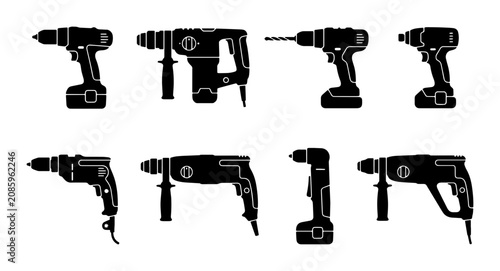 Fotografija Collection of Power Drill Icons, Rotary Hammer Vector Graphics, Cordless Tools S