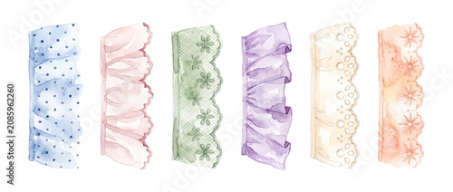 Watercolor lace borders trim set, hand painted colorful ruffled ribbons and vintage eyelet elements isolated on black background for digital scrapbooking, wedding invitations, and craft design.