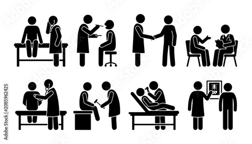 Medical Icons Set: Doctor Patient Consultation, Examination, Diagnosis, Healthcare Vector Graphics