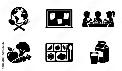 School Lunch Icons: Healthy Food, Global Eating, Cafeteria Tray, Students Dining, Education Board