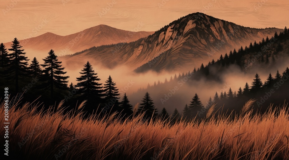 Fototapeta premium Dramatic mountain range rises above misty forest floor. Tall pine trees fill foreground with dry grass texture. Warm earthy tones create tranquil atmosphere. Illustration blends pyrography style