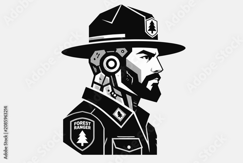 Foto Futuristic cyborg ranger silhouette in black and white.