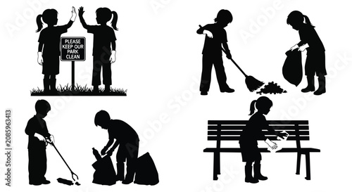 Foto Children engaged in park cleanup and recreational activities in silhouette