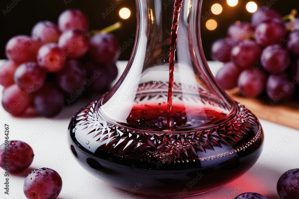 Obraz premium Red wine pours into crystal decanter on white surface. Grapes surround glass vessel. Elegant drink display shows clarity and shine. Fine beverage for luxury dining or celebration.