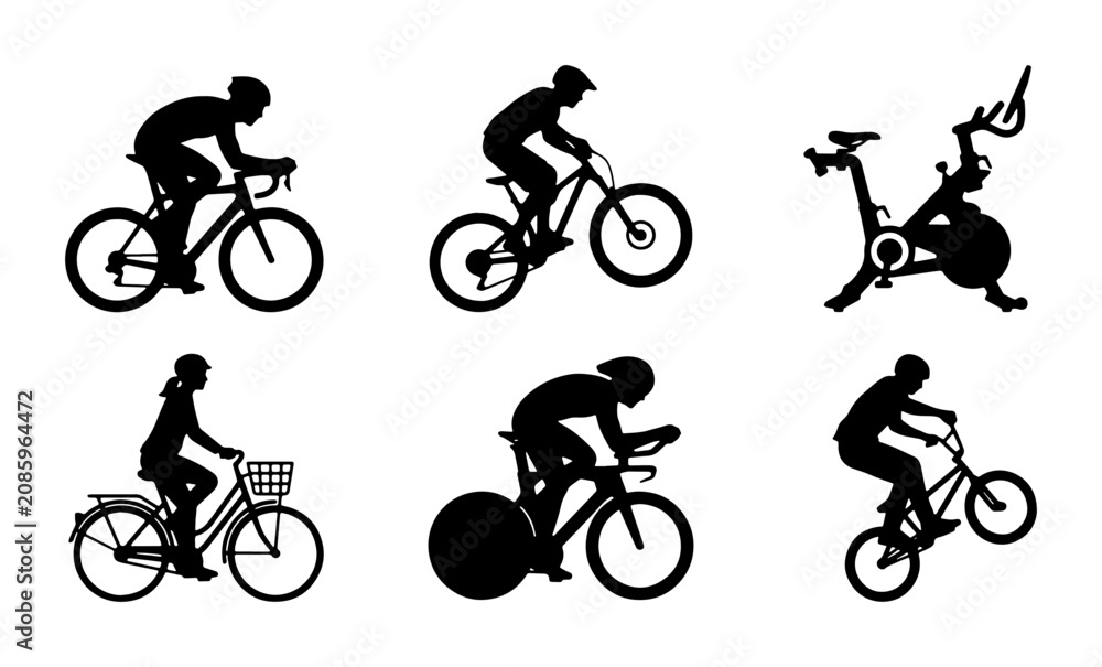 Fototapeta premium Diverse Bicycle Silhouettes Collection: Road, Mountain, BMX, Stationary, and Commuter Cyclists in Action, Vector Graphics for Sports and Fitness Themes