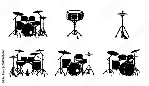 Photography Drum Kit Vector Icons: Rock, Jazz, Studio Sets, Snare, Cymbals, Music Performanc