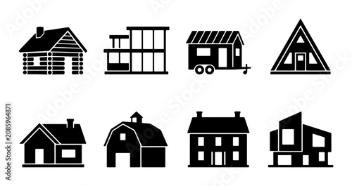 Tableau sur toile Diverse House Icons Set: Modern, Rustic, Tiny Home & Barn Vector Graphics for Re