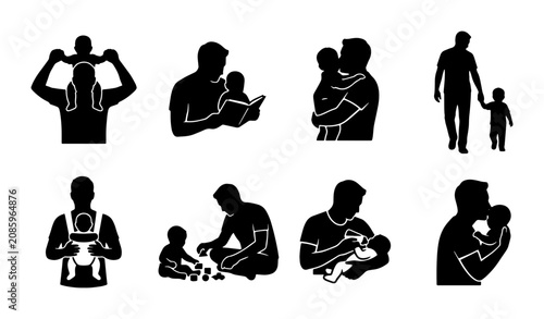 Obraz na plátně Fatherhood Icons: Dad Carrying Baby, Reading, Playing, Walking, Fatherhood Momen