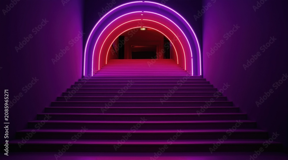 Fototapeta premium Purple pink neon arches frame stairs in dark modern tunnel. Empty futuristic pathway offers vibrant geometric background for presentation or stage design. Abstract interior space.