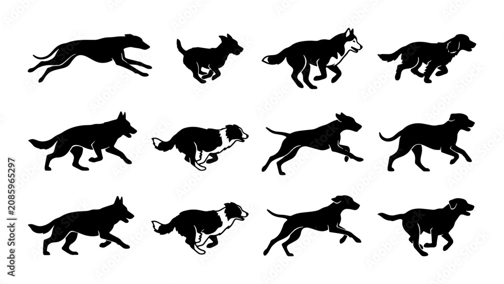 Fototapeta premium Dog Silhouette Animation Set, 12 Running Poses Vector Collection, Canine Movement Graphics