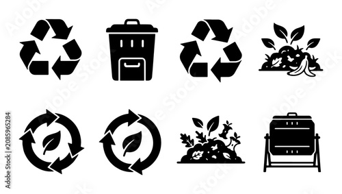 Quadro su tela Recycling Icons Set: Compost Bin, Waste Management Symbols, Organic Material Pil