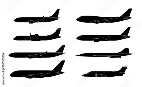 Cuadro en lienzo Diverse Aircraft Silhouettes Collection: Jetliners, Cargo Planes, Fighter Jet Ic