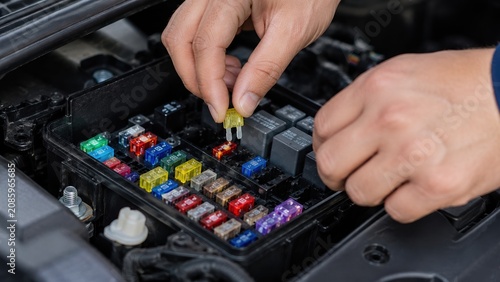Close up of hands inserting a yellow fuse into a vehicle fuse box. Represents automotive electrical system maintenance and DIY repair. Ideal for car service guides and technical manuals.