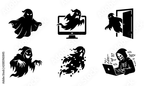 Φωτογραφία Spooky Ghost Icons Set: Haunting Apparitions, Digital Phantoms, Hacker Specter,