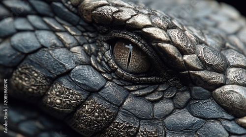 Extreme close-up of dark reptile scales featuring intricate patterns and a piercing slit pupil eye, resembling dragon or crocodile skin textures.