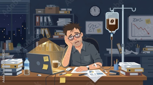 A flat design illustration depicting the concept of caffeine addiction and corporate burnout, featuring an exhausted office employee seated at a messy desk while humorously receiving coffee.