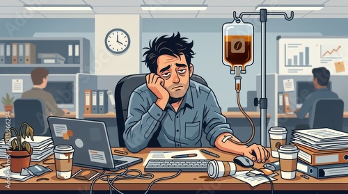 A flat design illustration depicting the concept of caffeine addiction and corporate burnout, featuring an exhausted office employee seated at a messy desk while humorously receiving coffee.