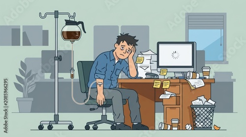 A flat design illustration depicting the concept of caffeine addiction and corporate burnout, featuring an exhausted office employee seated at a messy desk while humorously receiving coffee.