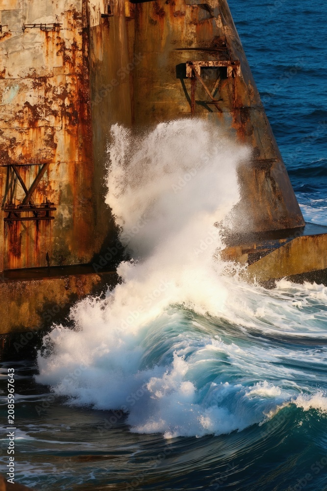 Fototapeta premium Ocean waves crash against weathered, rusty sea wall. Sunlight illuminates powerful water movement and spray against old concrete structure. Bright blue sea contrasts with worn surface.