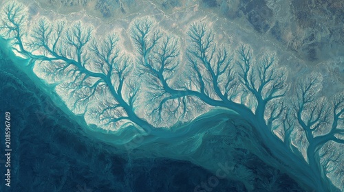Aerial view of dense forest with winding river and hills