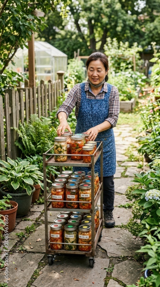 Fototapeta premium Asian woman in blue apron pushing cart of jars through garden path with greenery and plants