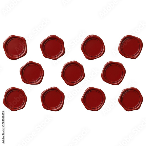 Set of ten realistic red wax seals isolated on transparent background for elegant stationery