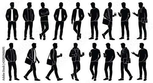 Cuadro en lienzo Male silhouettes in various poses black vector illustration on white background