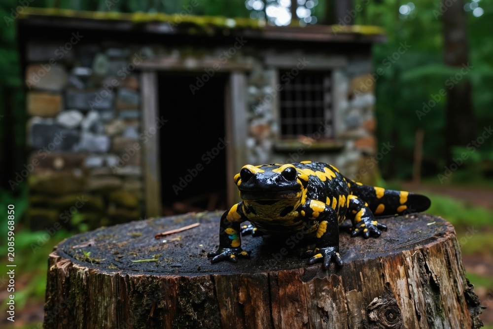 Fototapeta premium Fire salamander sits on tree stump in woodland habitat. Bright orange spots contrast against black skin. Reptile looks directly at camera amid rich green foliage near stone structure. Wildlife