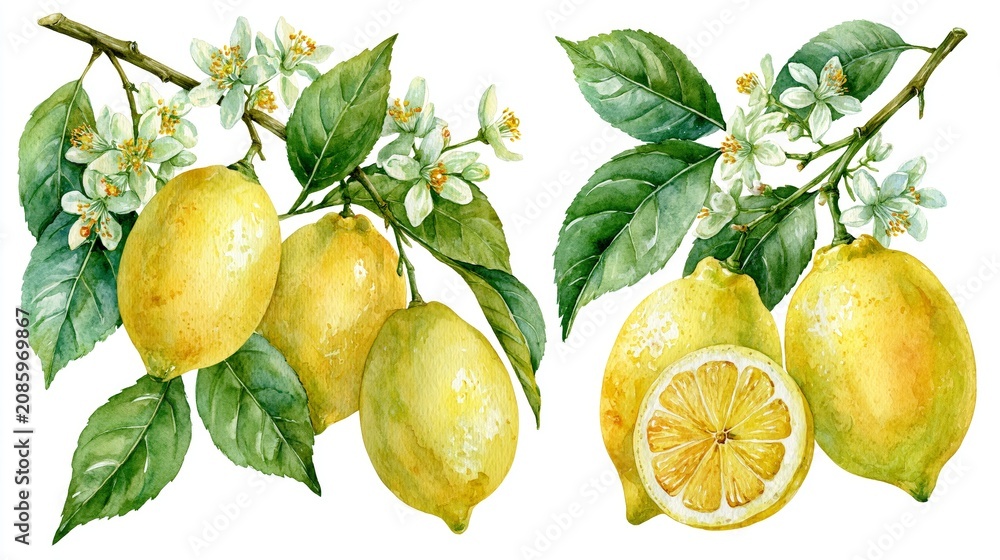 Naklejka premium Fresh lemon fruit and floral watercolor illustration. Lemons, leaves, and blossoms painted in a soft watercolor style on white background