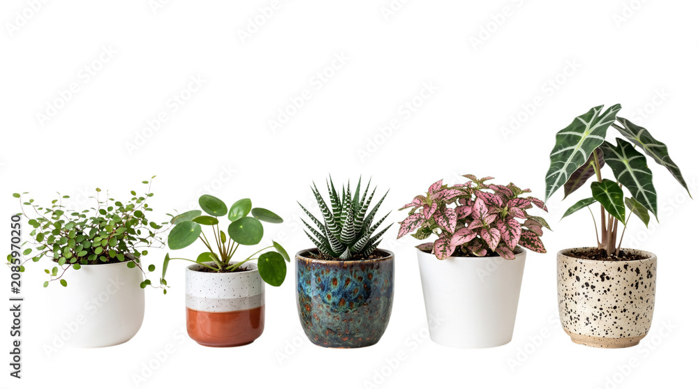 Fototapeta premium Collection of various indoor houseplants in decorative pots isolated on transparent background