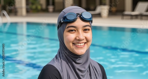 Young muslim woman wearing swimming goggles smiling by the pool
