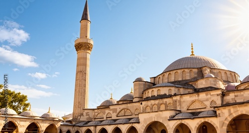 Majestic Minaret and Mosque under Sunny Sky; Architectural Detail, Peaceful Background; Ideal for Travel, Culture, and Religion Websites
