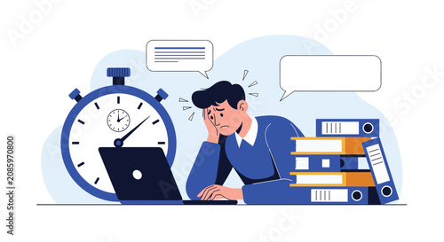 Stressed corporate employee sitting in front of laptop with pile of work files under tight deadine timer.