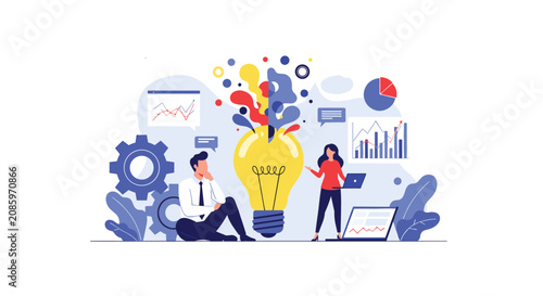 Business people brainstorming creative solutions with gear wheels and charts around a massive glowing light bulb illustration.