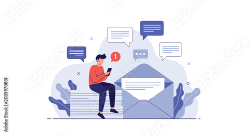 Man sitting on a massive stack of letters while receiving email notifications on his smartphone in flat vector style.