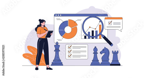 Businesswoman evaluating strategic planning and market analysis using chess pieces and graphical dashboards.