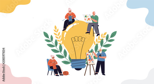 Active senior citizens engaged in creative hobbies like knitting and painting around a giant bright lightbulb.