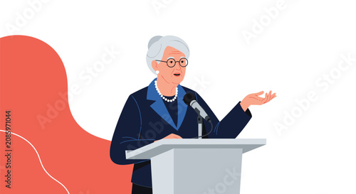 Senior spokeswoman or academic lecturer in a blue suit presenting her ideas from a podium with microphones.