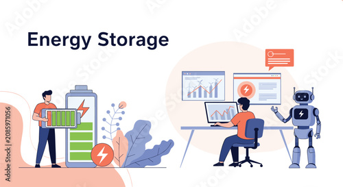 Smart energy storage system optimization with engineer, green power charts, and robotic process automation.