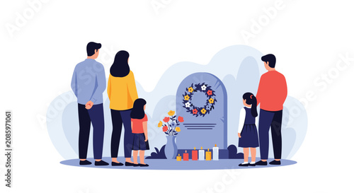Family members standing in silence in front of a gravestone to pay their respects and mourn a loved one.