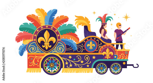 Colorful mardi gras parade float decorated with feathers and fleur de lis symbols during street celebration.