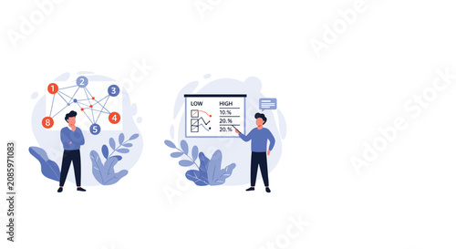 Professional analyzing statistical data trends and logical connection maps to improve business strategies.