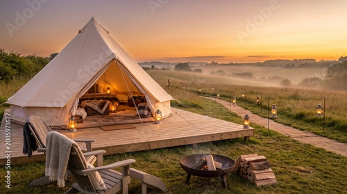 Luxury bell tent glamping setup in a scenic meadow at golden hour sunset.