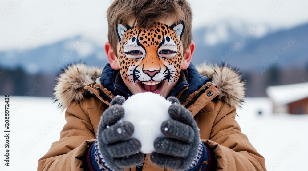Fototapeta premium Young boy with snow leopard face paint smiles widely holding snowball. Enjoys winter afternoon outdoors in snowy mountain landscape. Child wears warm jacket gloves ready for playful action. Pure joy