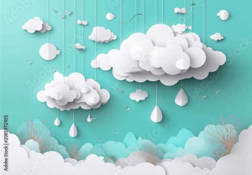 White clouds hang from above with raindrops falling down in a crafted scene with a vibrant blue background and soft elements