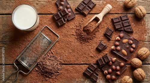 Top view of chocolate bars, cocoa powder, milk, grater and walnuts on rustic wooden background