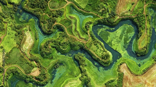 Aerial view of dense forest with winding river and lakes