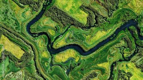 Aerial view of winding river through green forest landscape