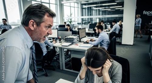 Furious boss yelling at distressed employee in modern office, illustrating toxic workplace conflict